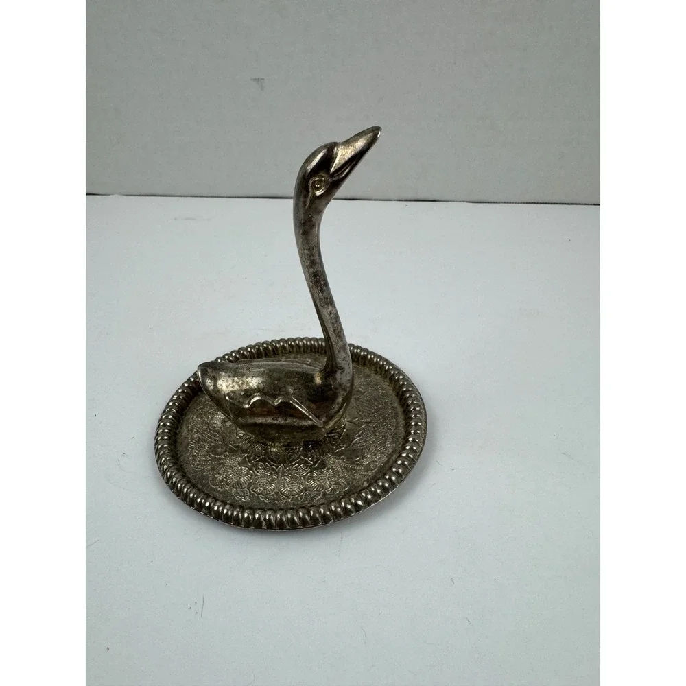 Vintage Silver Tone Swan Ring Holder Engraved Floral Base Jewelry Dish 4 Inch